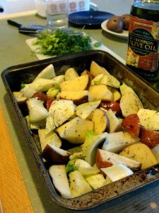 Fennel bulb and red potatoes prepared for oven roasting