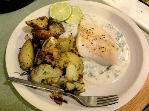 Whitefish with fennel, potatoes, and cilantro yogurt sauce