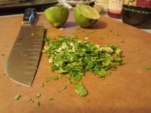 Chopped cilantro leaf and sliced garlic.