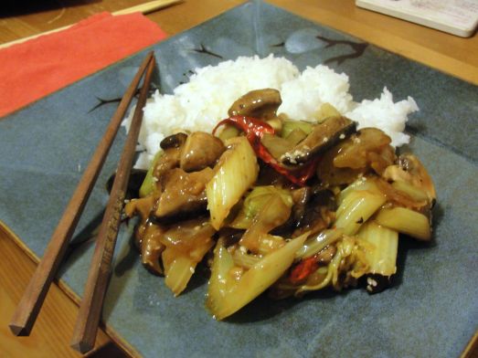 Shiitake and Celery Stir-Fry with sesame and ginger, served with rice.
