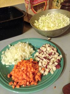 Onion, carrot, potato, and cabbage for pie filling.