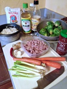 Ingredients for Brussels Sprouts and Ham Fried Rice.