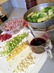 Prepped ingredients for Brussels Sprouts and Ham Fried Rice.